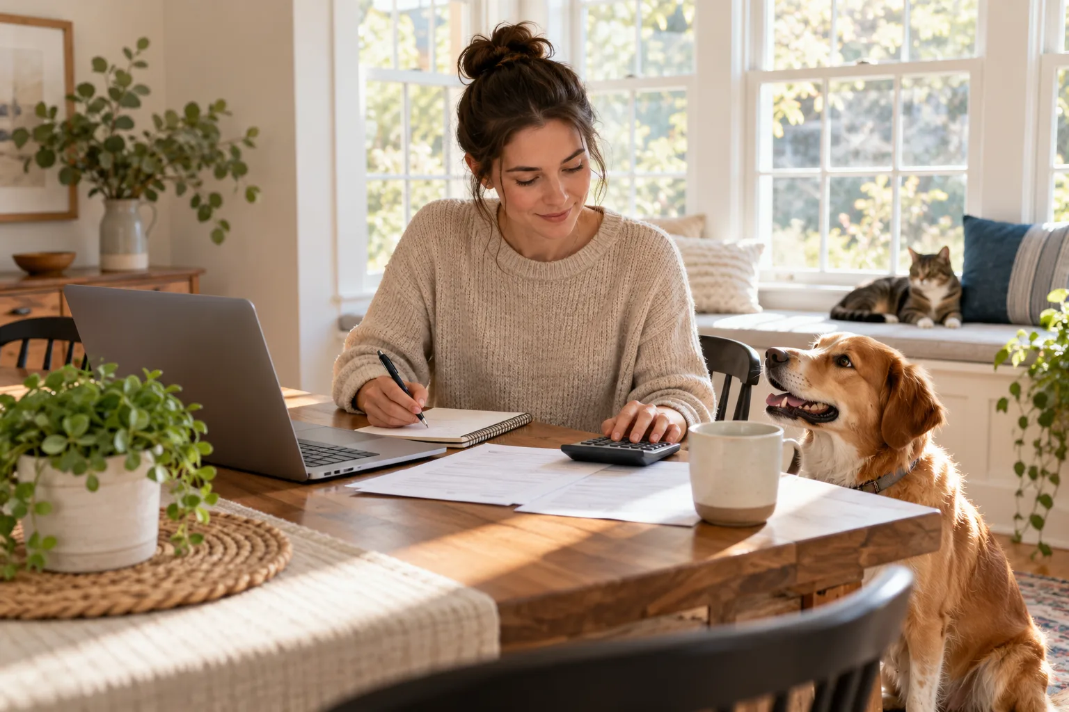 Owner reading insurance paperwork beside a dog