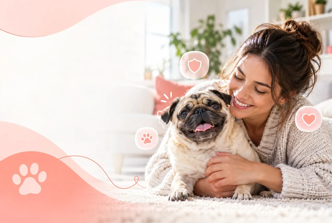 Owner holding a fawn pug-type dog in a bright home setting